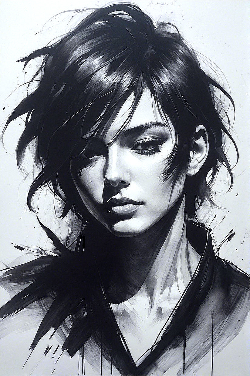 Black-and-White Portrait of Contemplative Young Woman