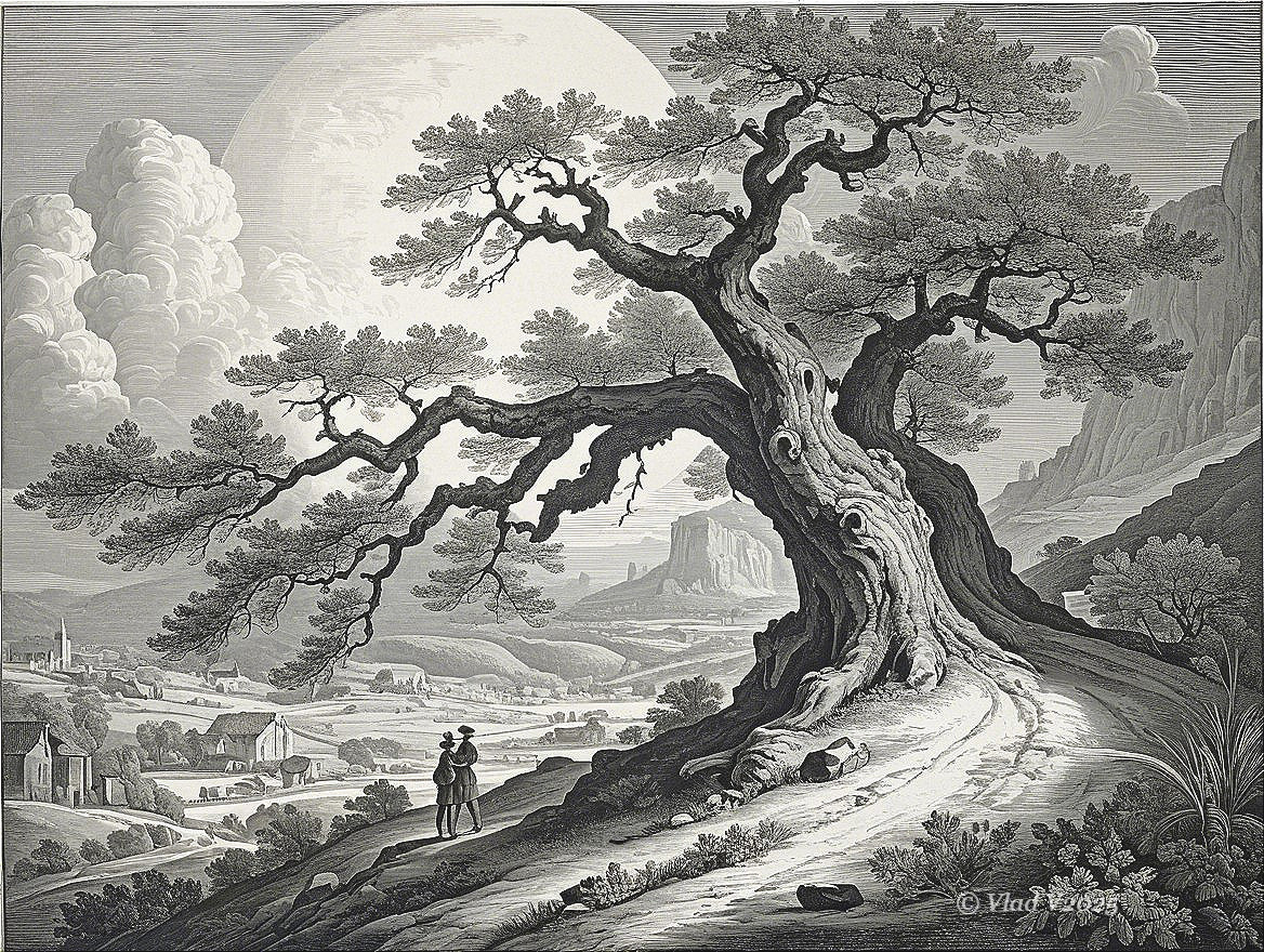 Gnarled tree with figures under moonlit landscape