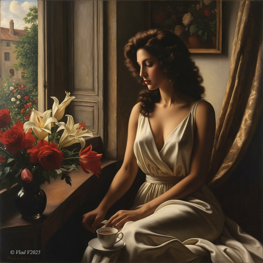 Elegant Woman in White Gown by Window with Flowers