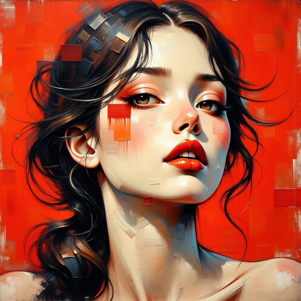 Close-Up Portrait of a Young Woman with Red Background