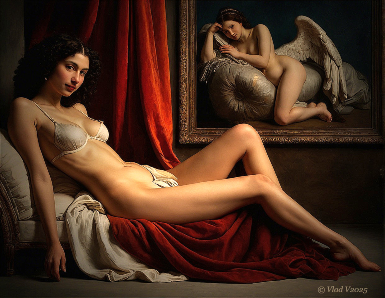 Reclining Figure in White on Luxurious Fabric Setting