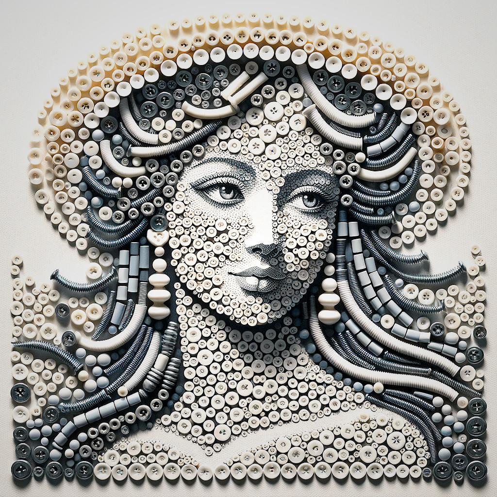 Button and Sewing Item Mosaic Portrait on Cream Background