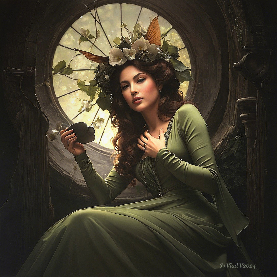 Young woman in green dress by round window with light