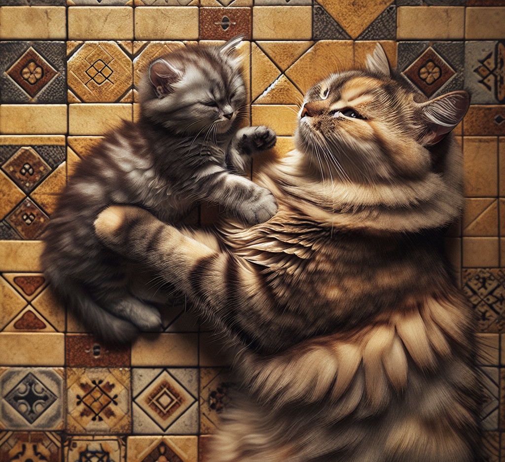 Fluffy Adult Cat and Kitten Play on Tiled Floor