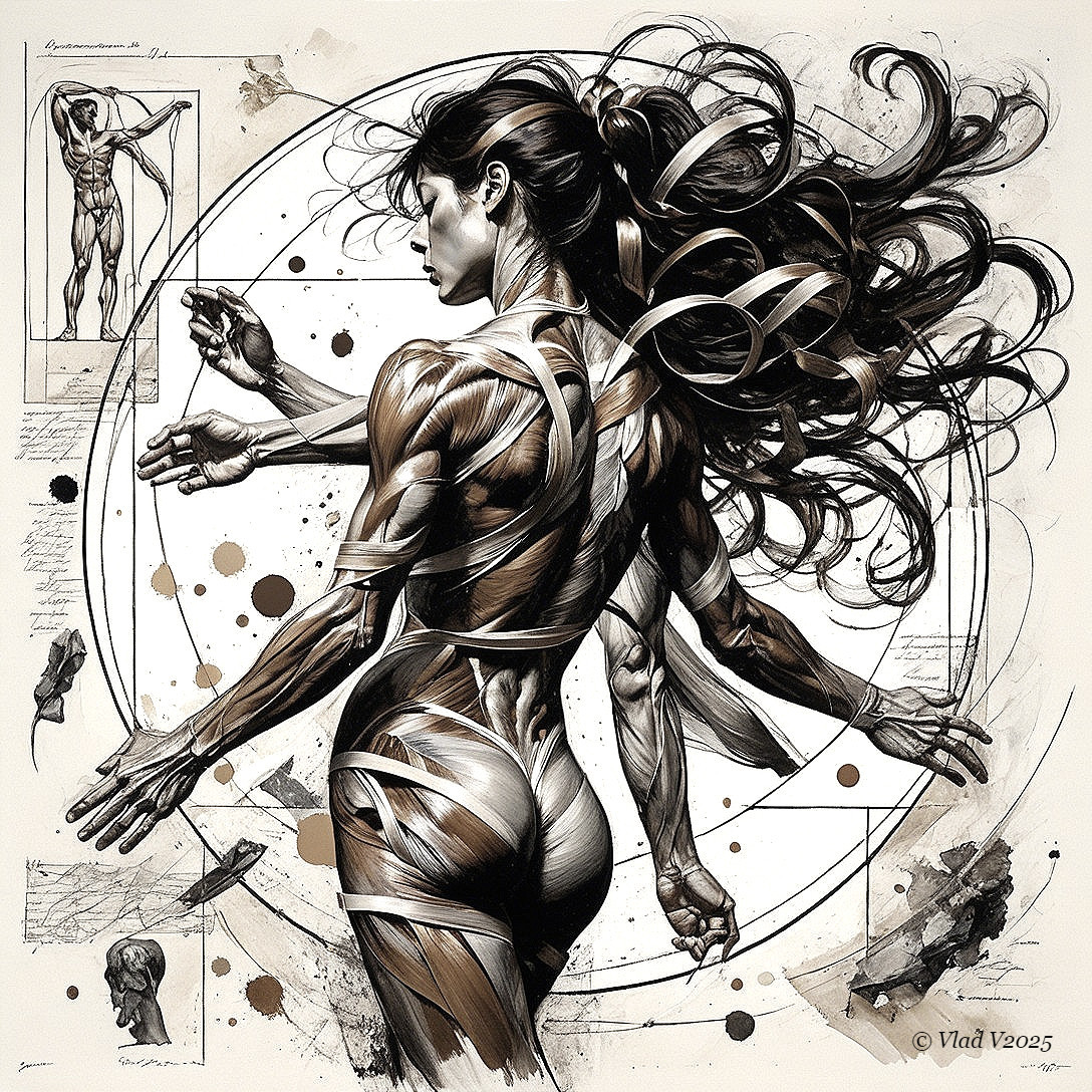 Dynamic Muscular Woman in Powerful Pose with Geometry