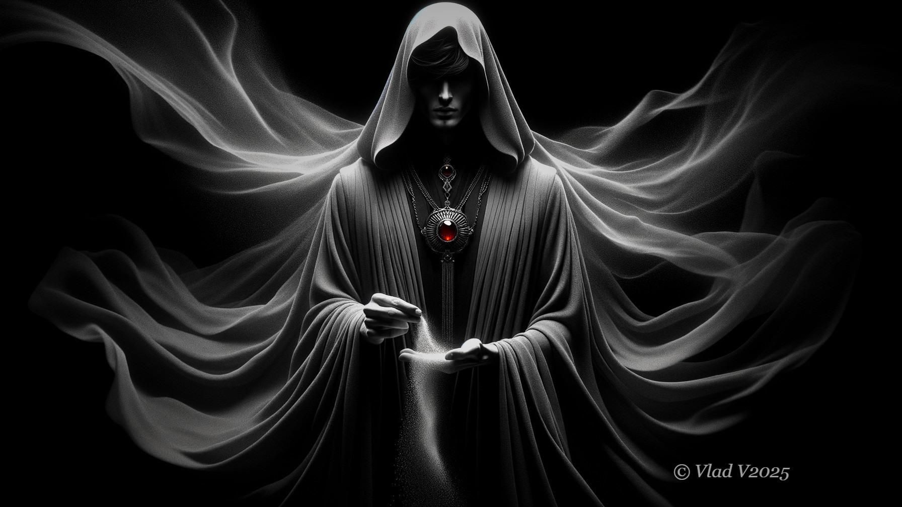 Cloaked figure in dark robes with a red gem necklace