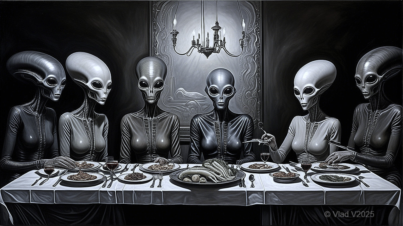Extraterrestrial Beings Dining at a Lavish Table