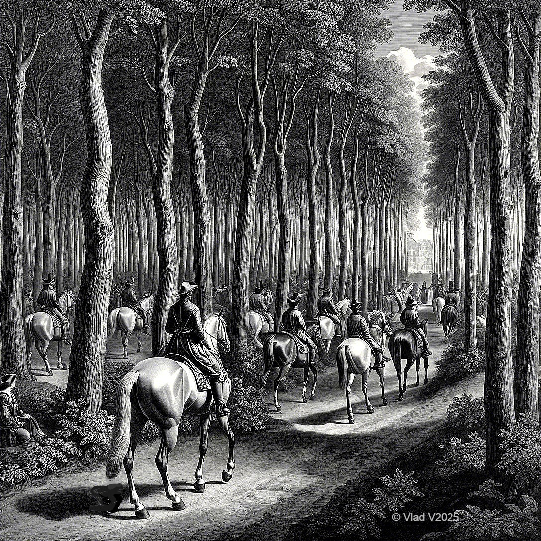 Monochrome Scene of Historical Riders in Forest