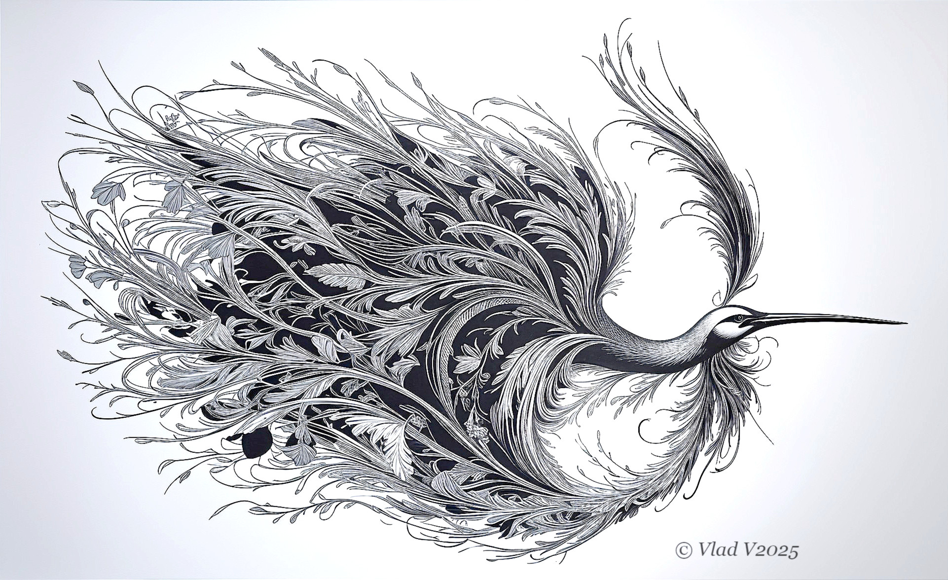 Intricate Heron Design with Foliage and Lines