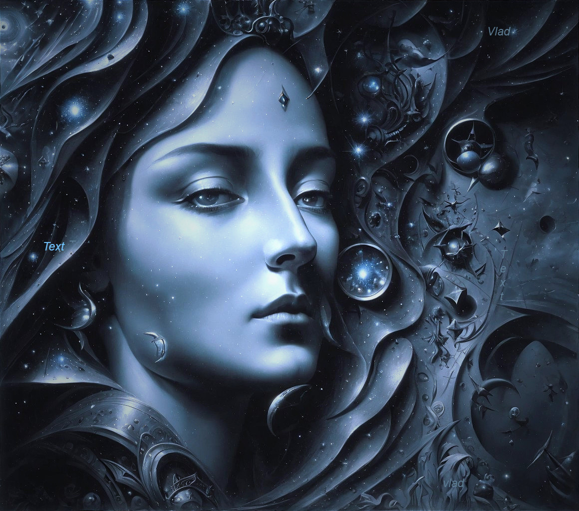 Monochromatic blue digital art of woman blending with celestial elements