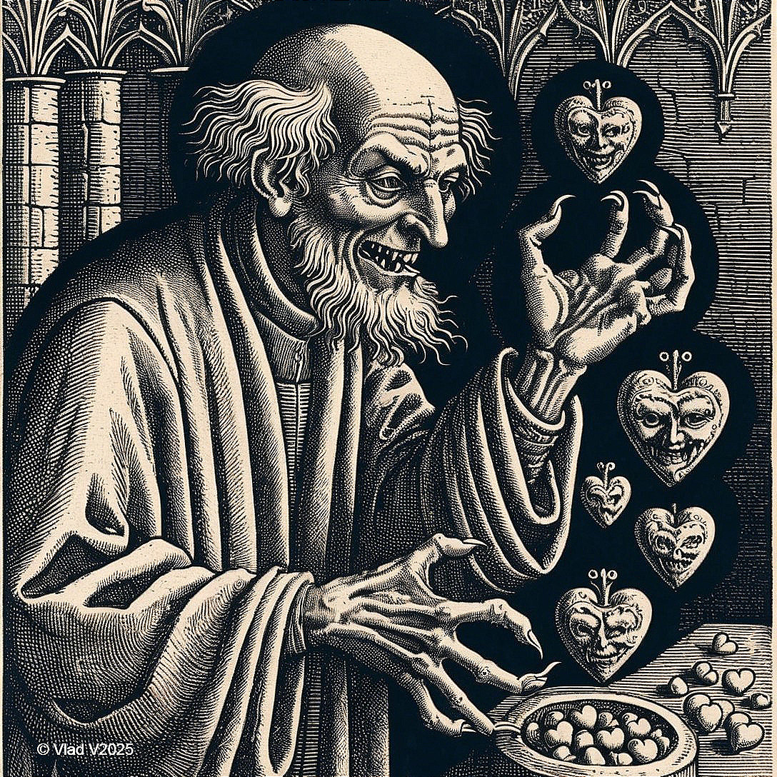 Old figure with wild hair manipulating heart-shaped objects