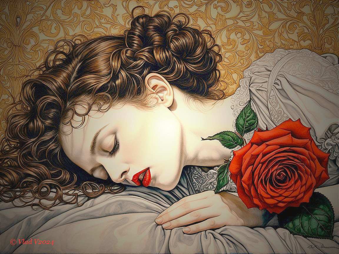 Detailed Painting of Woman with Rose and Golden Patterns