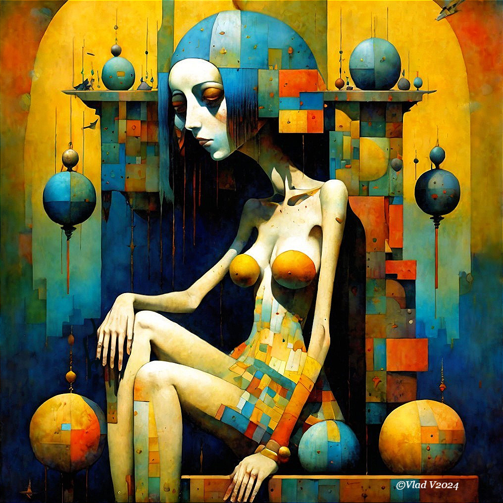 Surreal Figure in Contemplative Pose with Abstract Forms