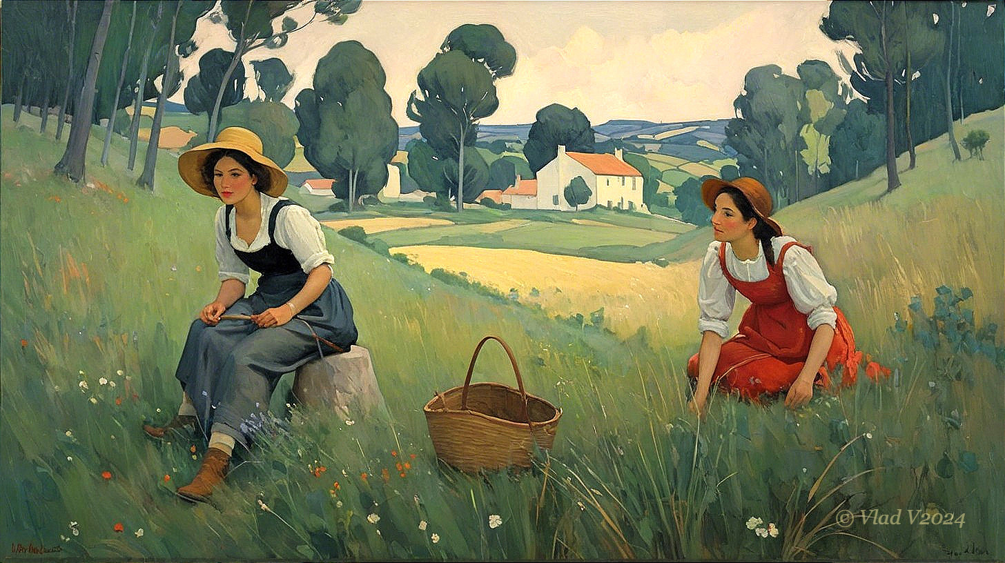 Women in Traditional Attire in a Serene Landscape