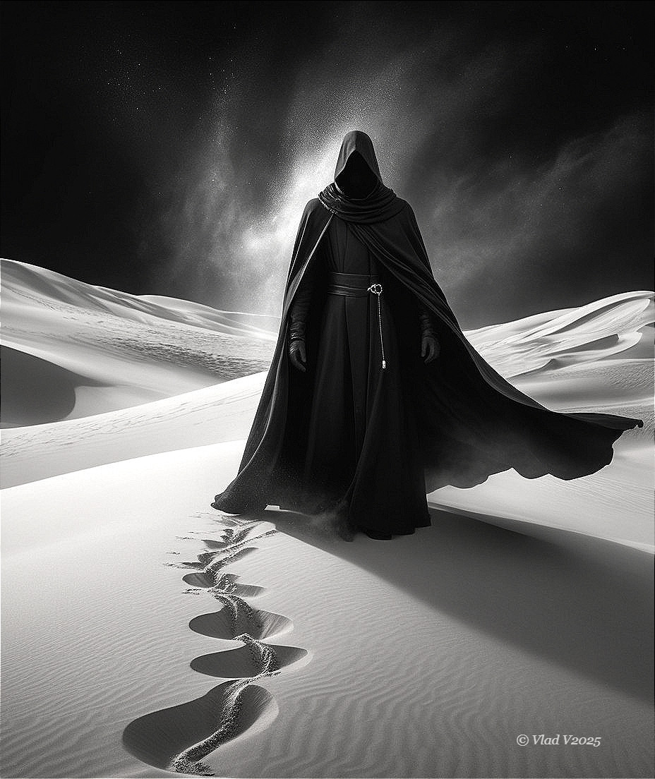 Cloaked Figure in Desert Landscape with Starry Sky