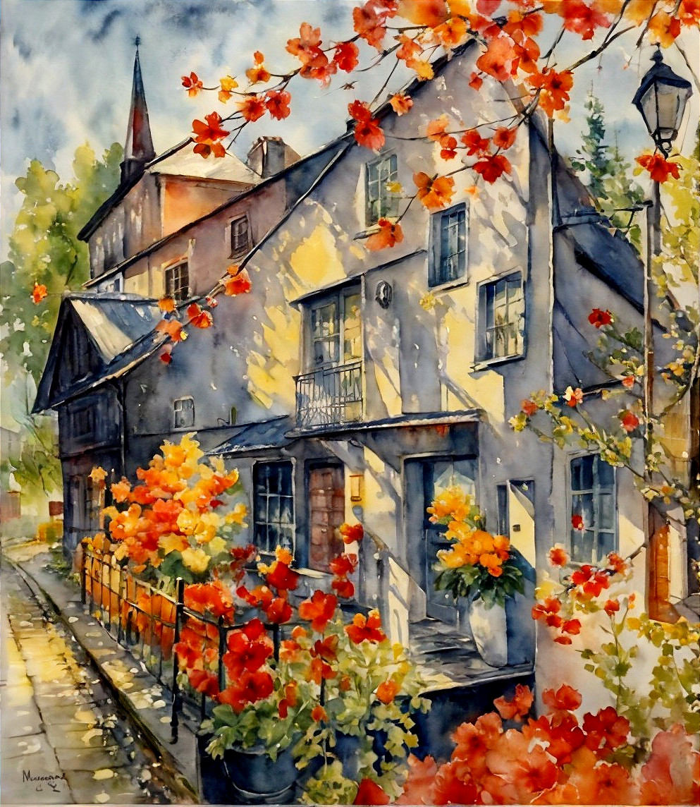 Colorful Watercolor Painting of Quaint Street with Charming Houses