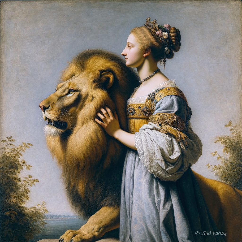 Regal Woman in Historical Attire with a Lion