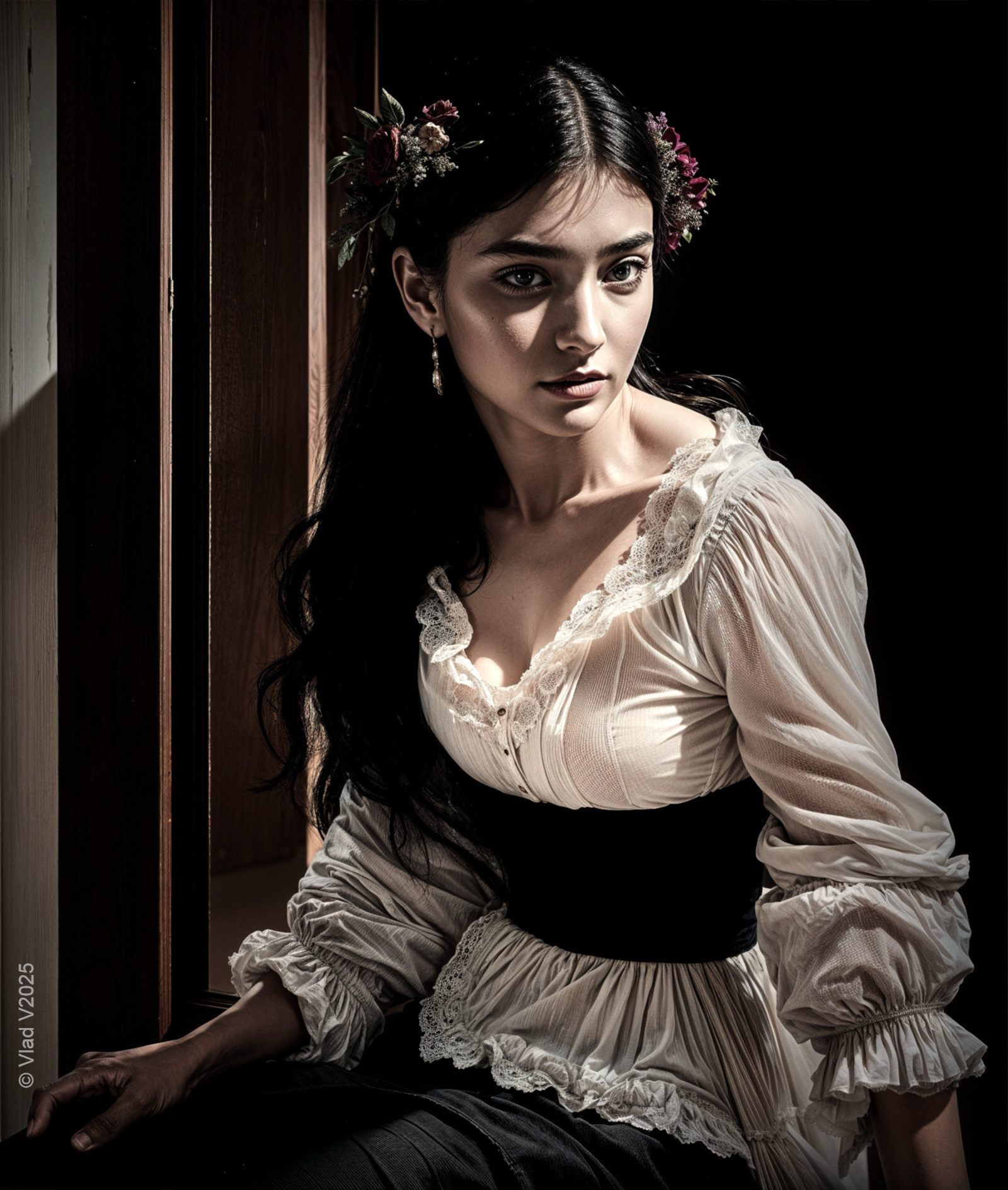 Woman in vintage attire with flowers in softly lit space