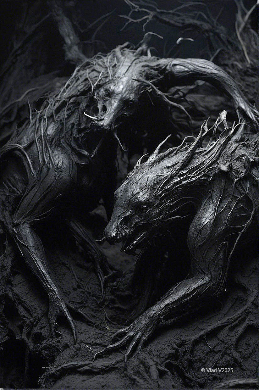 Mythical Creatures in Dark, Shadowy Environment