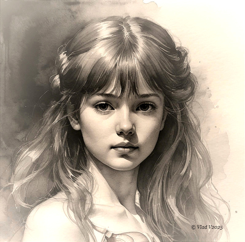 Portrait of a Young Girl with Flowing Hair and Serenity
