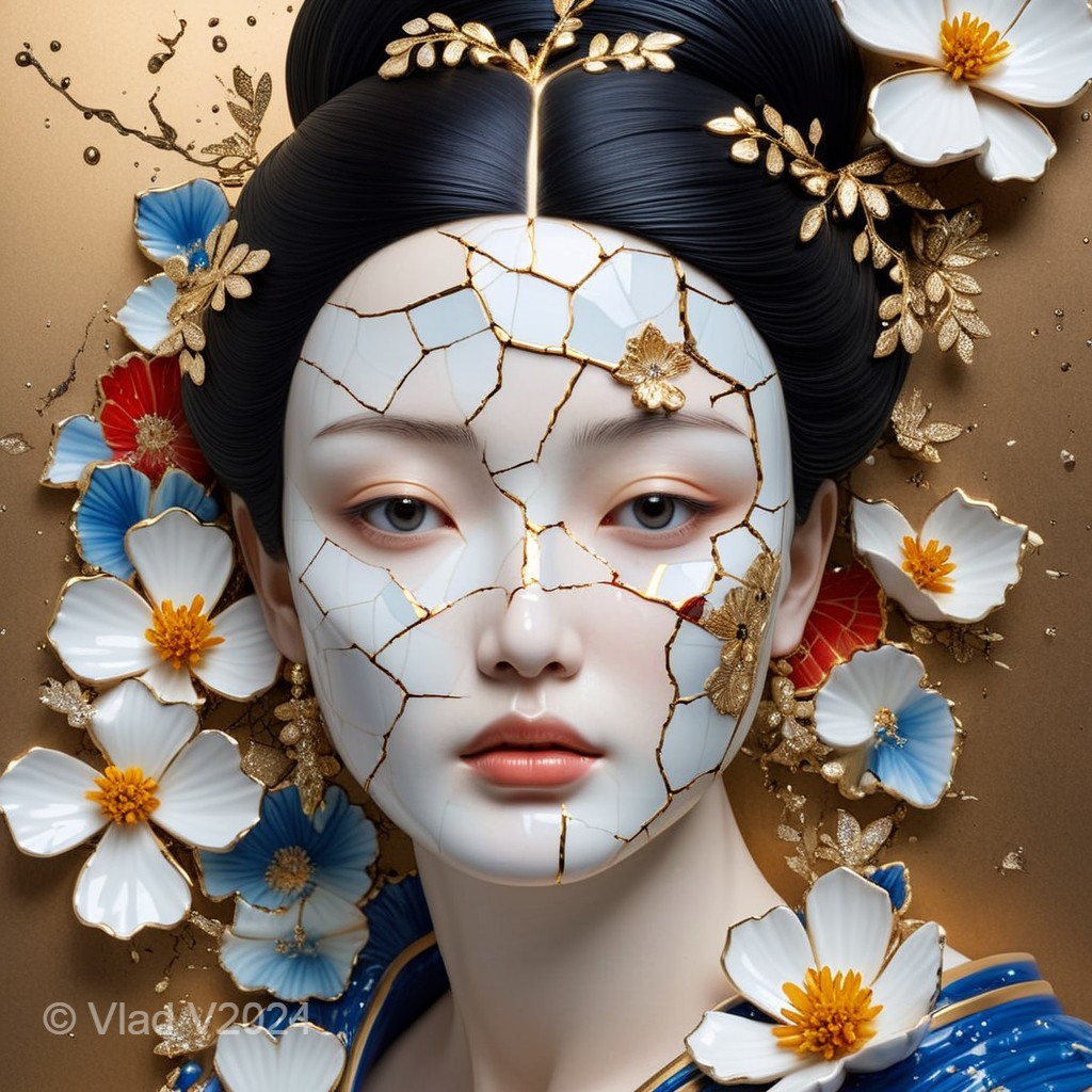 Portrait of a Woman with Porcelain-Like Face and Flowers