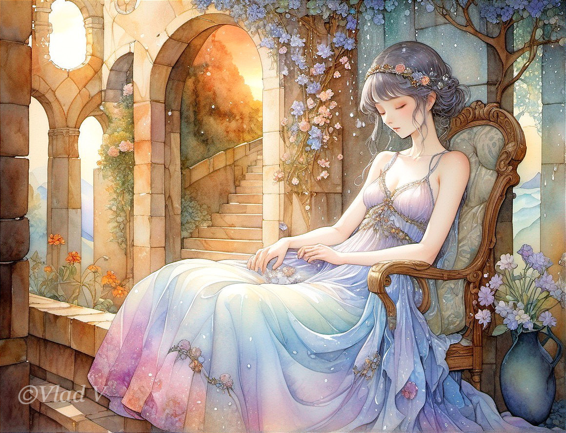 Serene Woman in Floral Headpiece Surrounded by Flowers