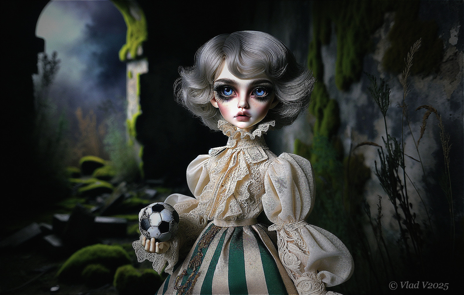 Intricately Designed Doll in Vintage Dress and Soccer Ball