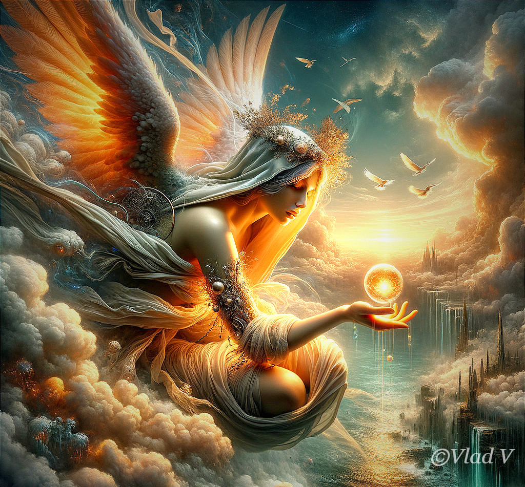 Majestic Angelic Figure Over Fantasy Sky City at Sunset