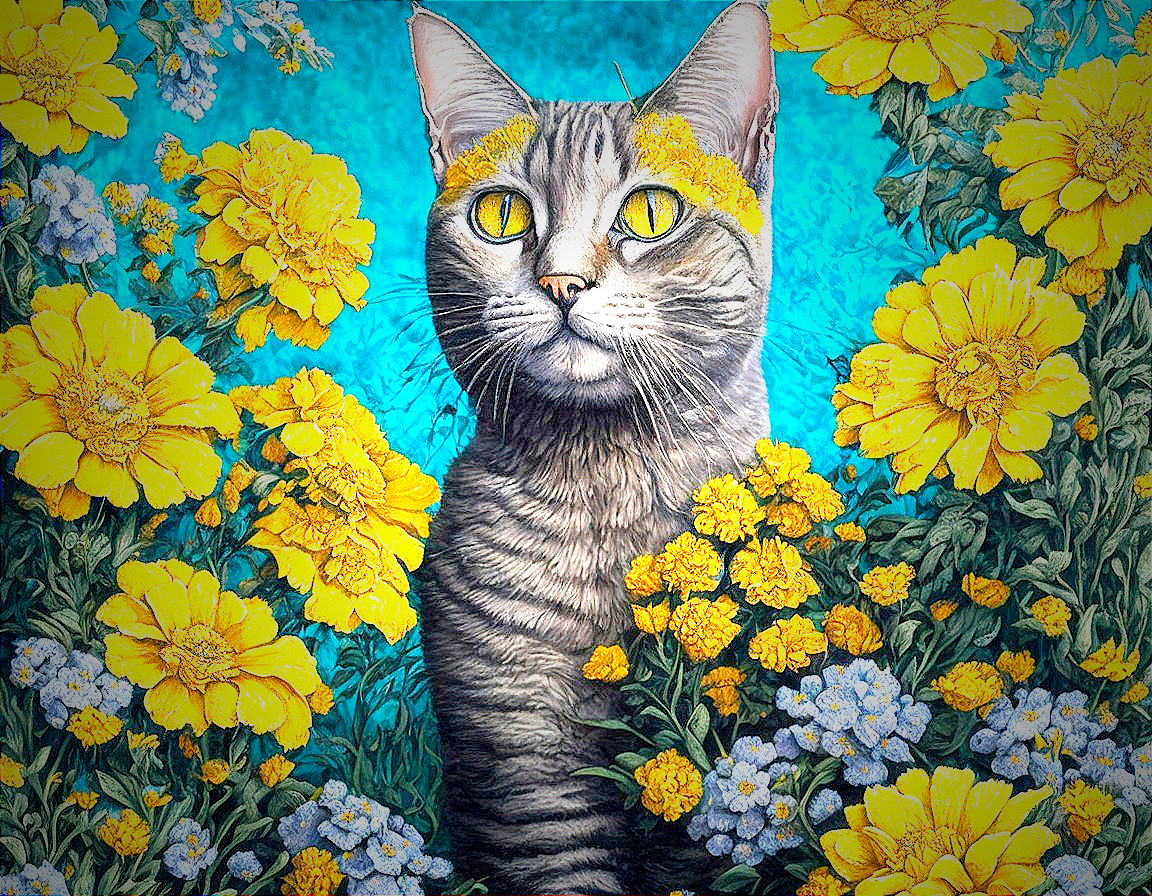 Realistic Cat Painting with Striking Yellow Eyes and Flowers on Blue Background