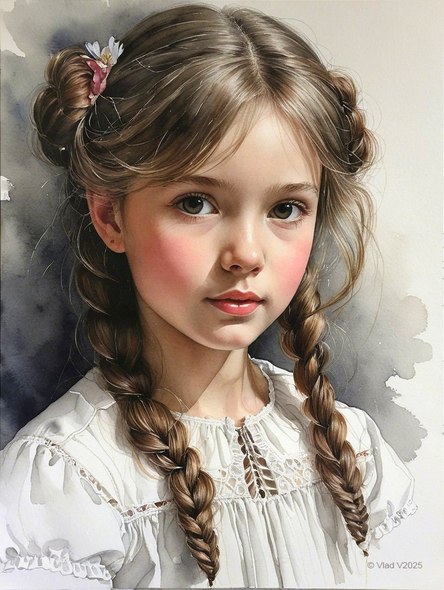 Young girl in lace dress with braided hair and flowers