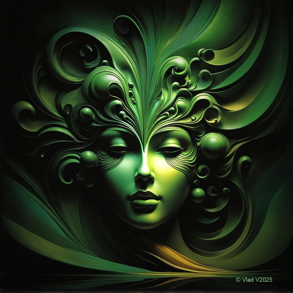 Stylized Face Artwork with Intricate Green Patterns