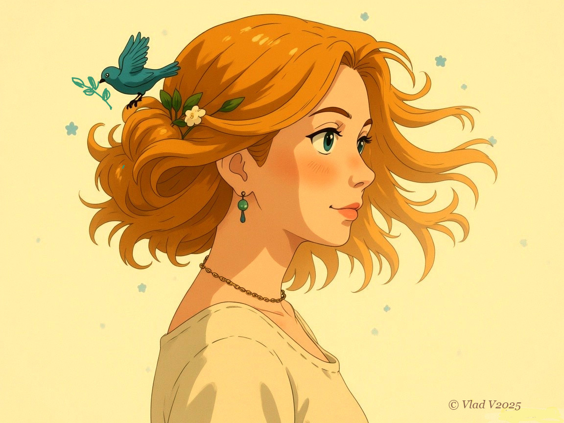Profile of a Young Woman with Auburn Hair and Bird