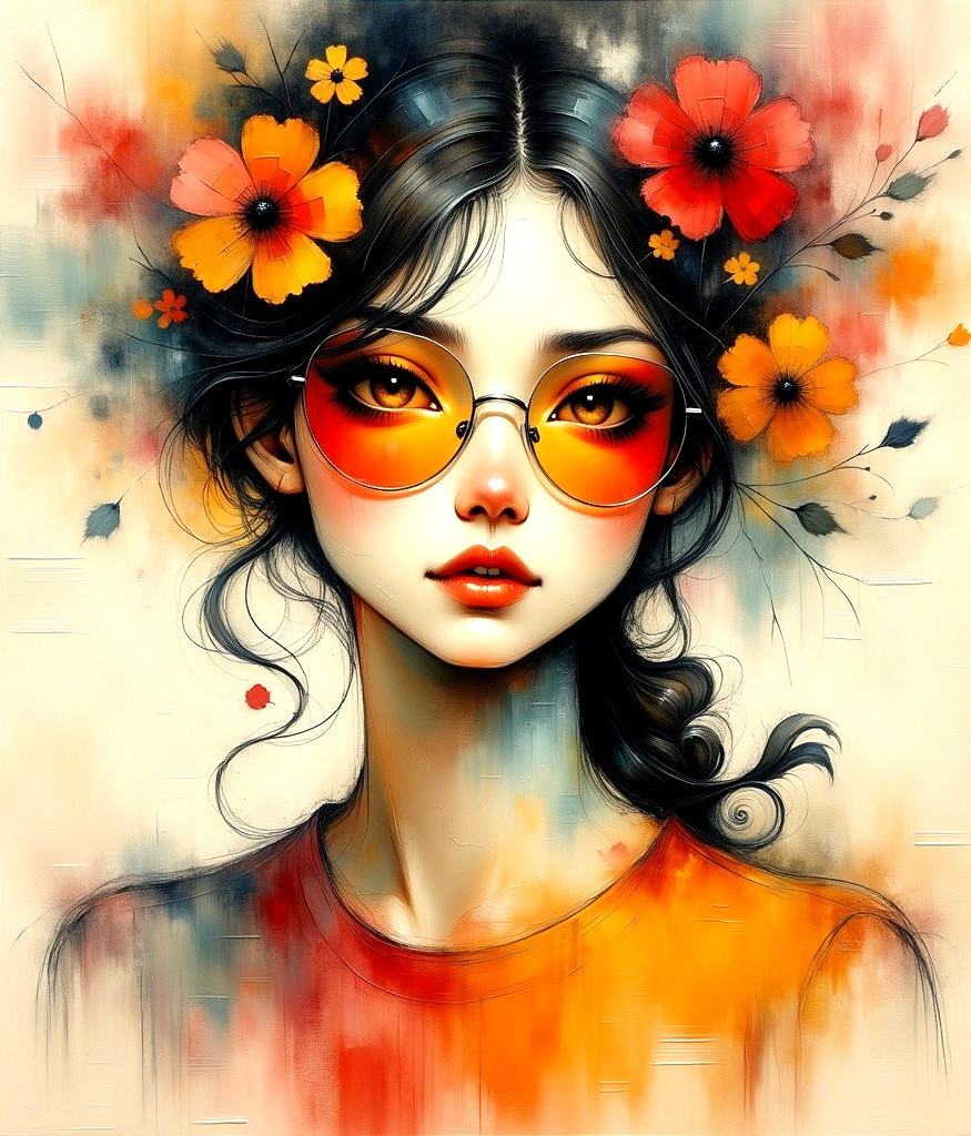 Portrait of a young woman with vibrant sunglasses and flowers