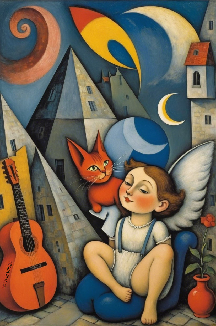 Whimsical Painting of Girl with Angel Wings and Cat