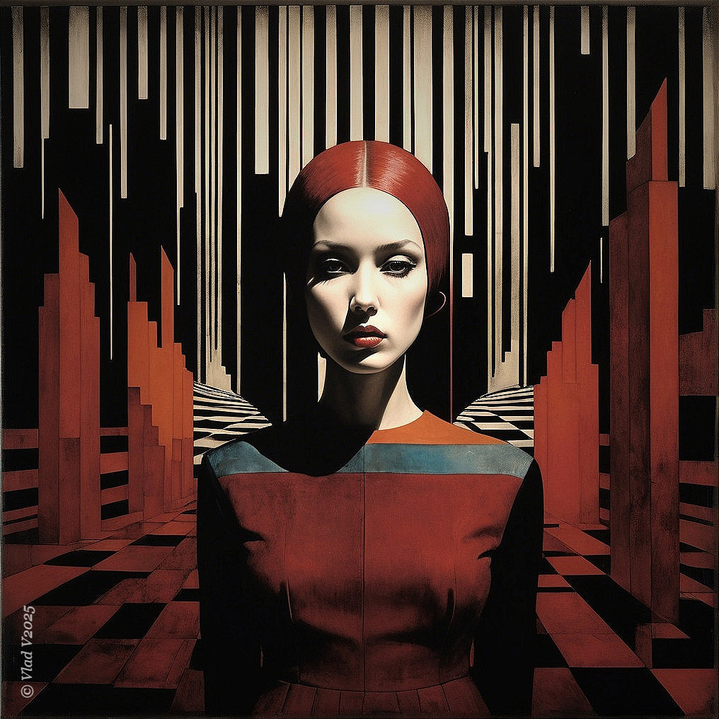 Portrait of a Woman in Geometric Red and Black Setting