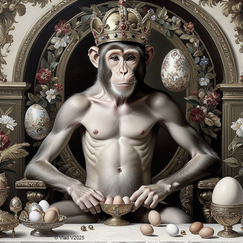 Regal monkey at a lavish table with ornate decor