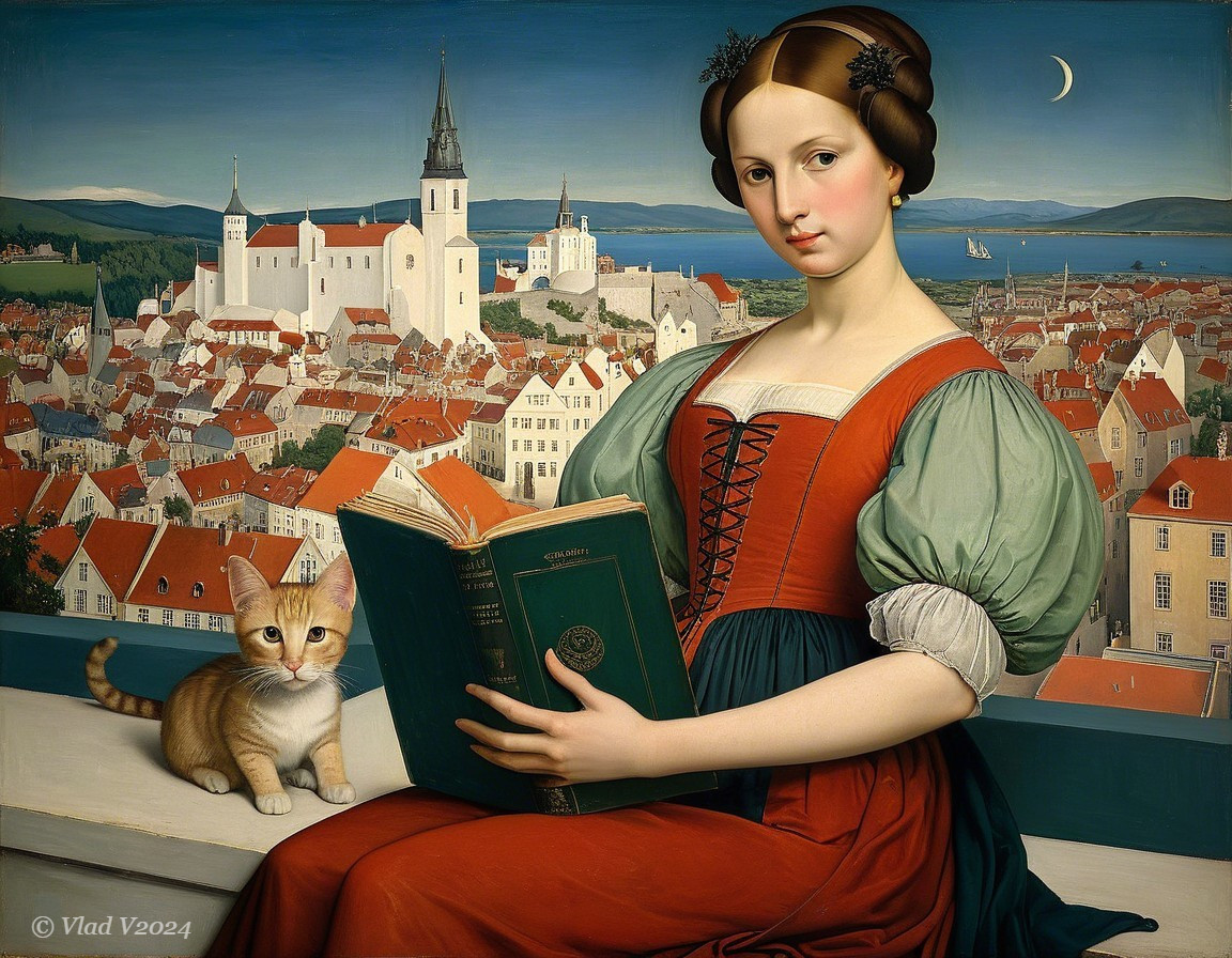 Young Woman in Historical Dress by Window with Cat