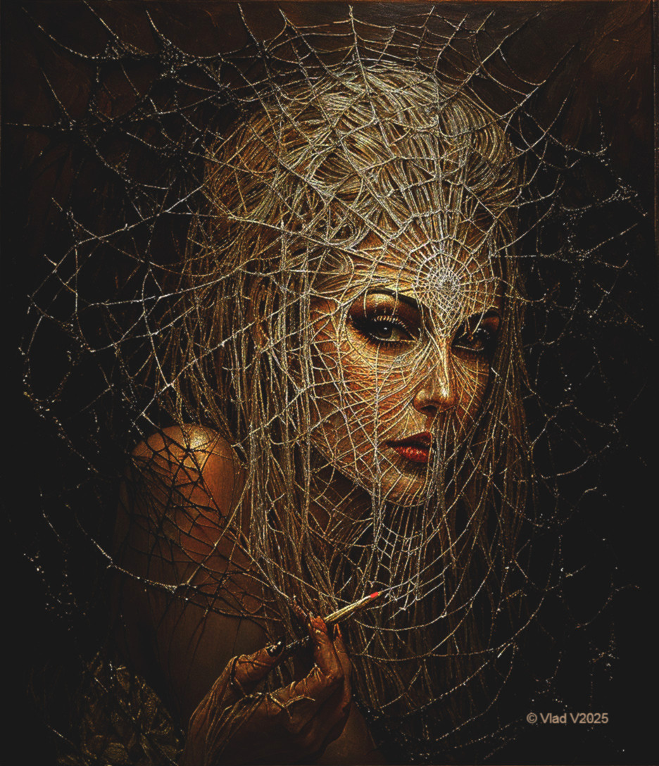 Figure Enveloped in Intricate Spiderweb Artistry