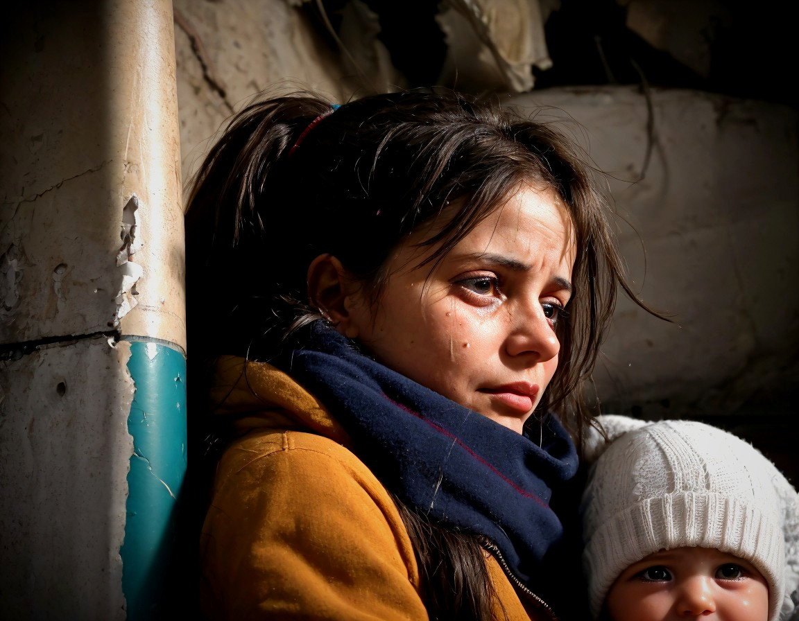 Woman and Baby with Tear-Streaked Faces in Sunlight