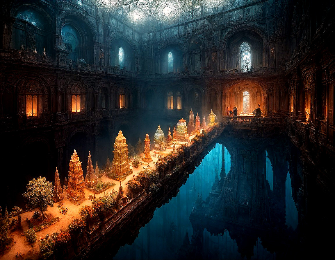Ornate Arches and Illuminated Temples in Underground Chamber