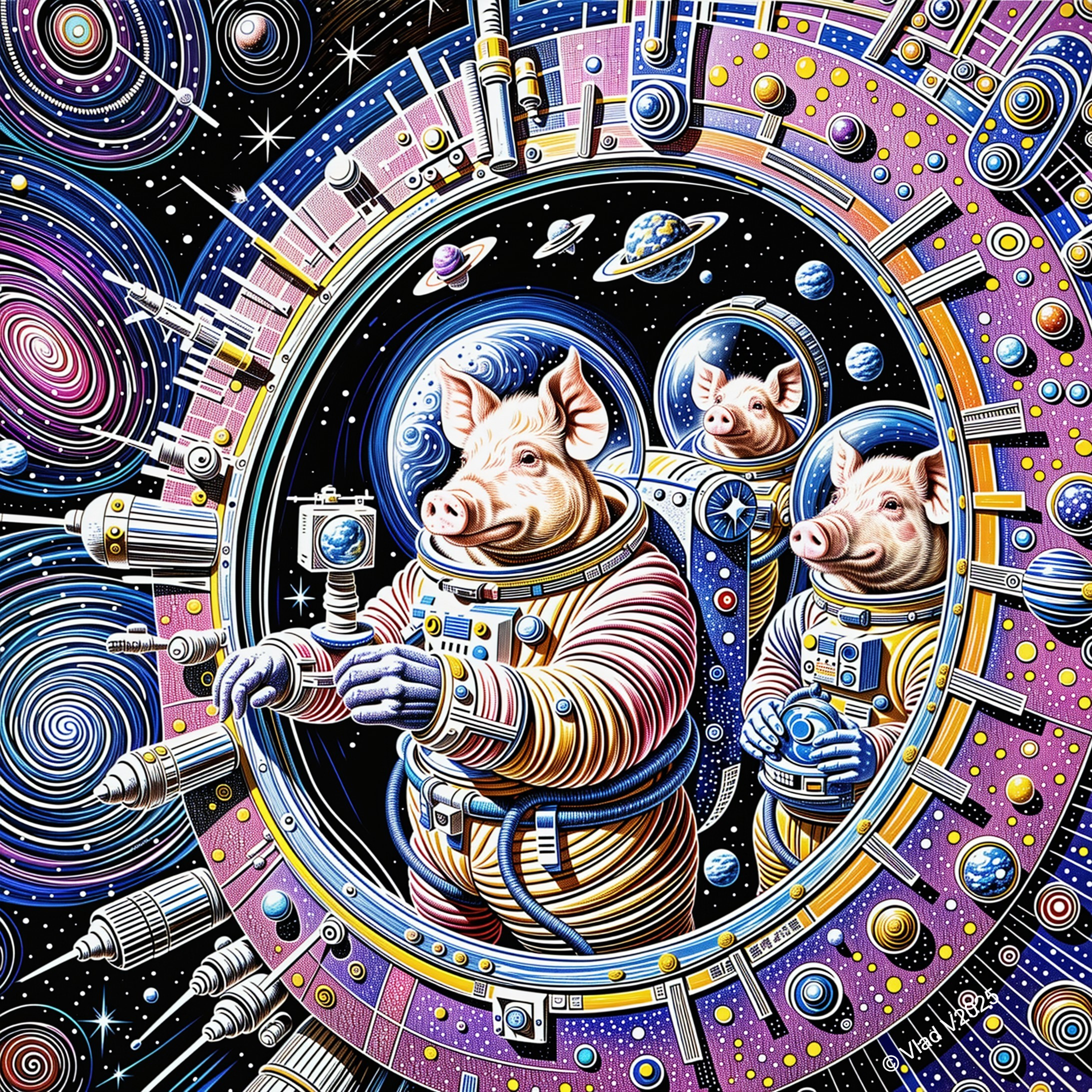 Pigs in Astronaut Suits in a Cosmic Space Scene