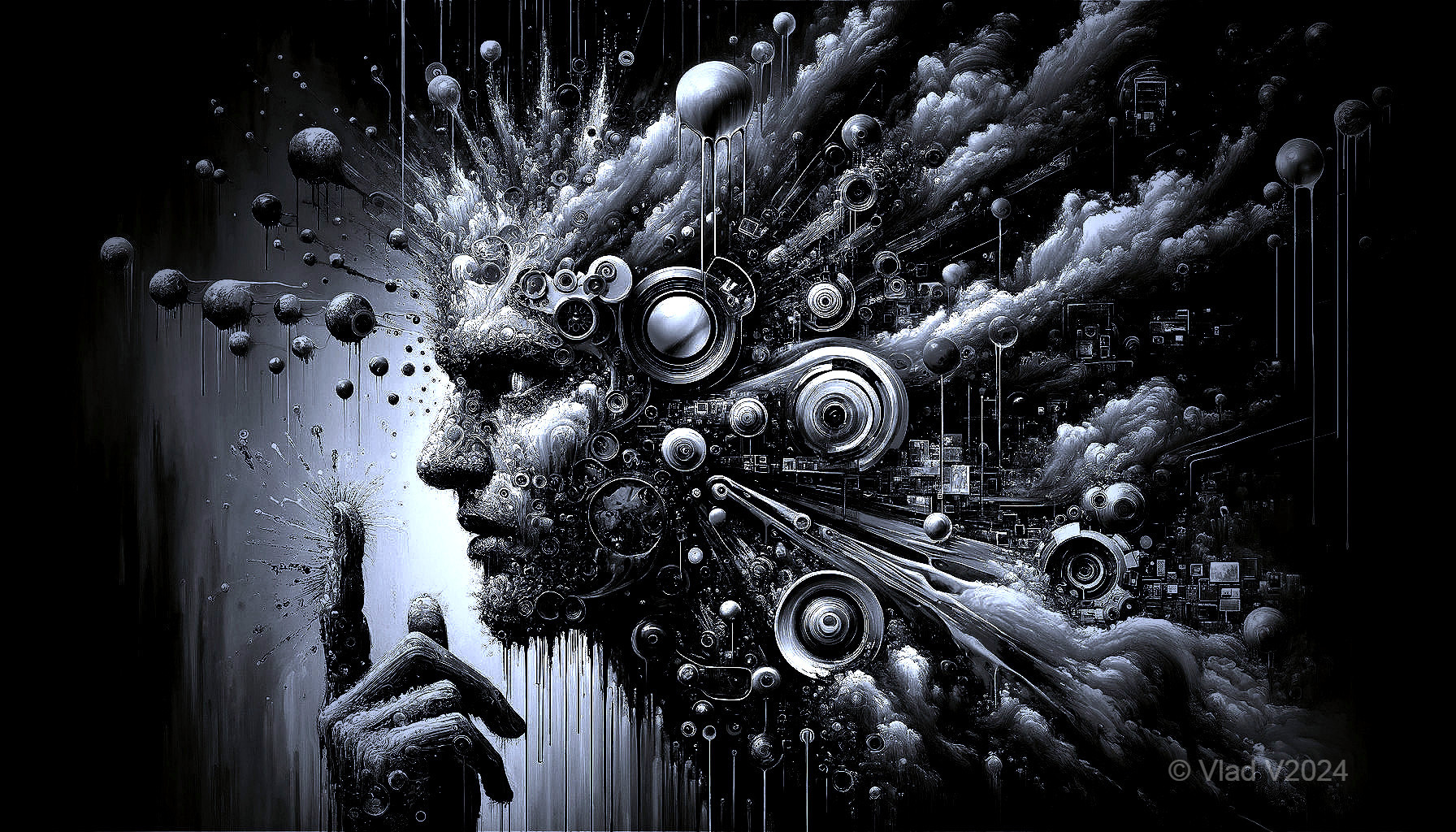 Monochromatic Human Face with Abstract Elements