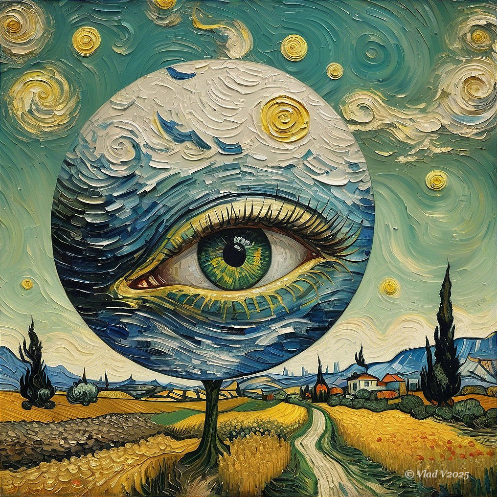 Surreal Landscape with Eye in Swirling Sky