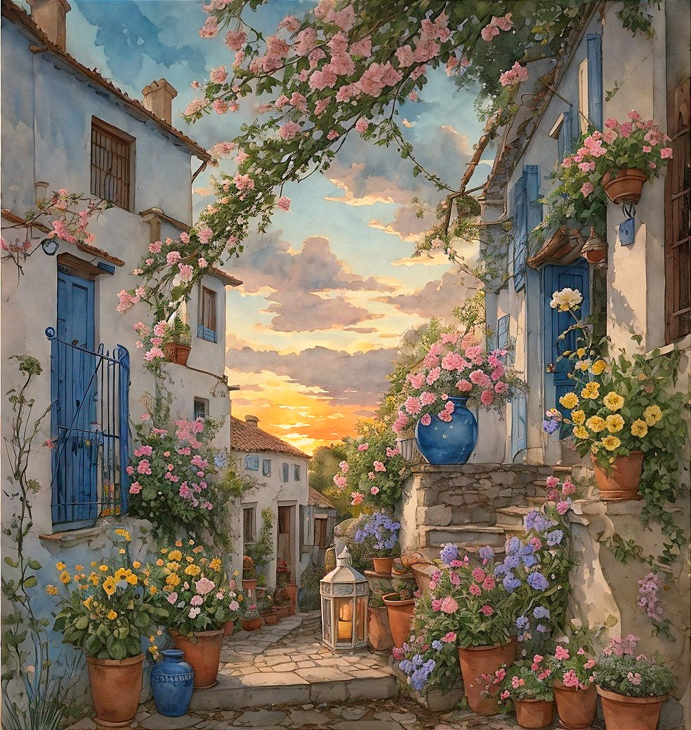 Cobblestone Alley with Quaint Houses and Sunset Sky