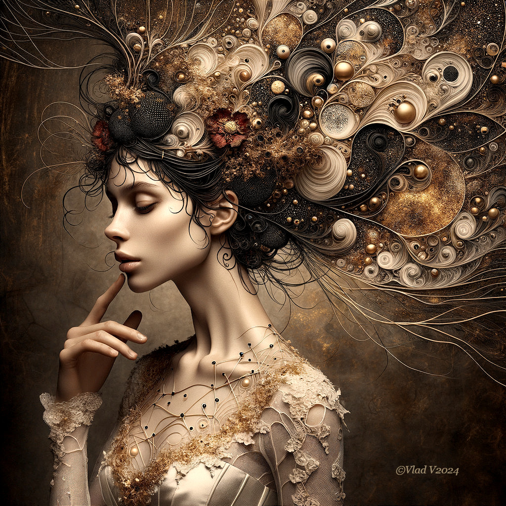 Profile of a Woman with Intricate Golden Hair Patterns