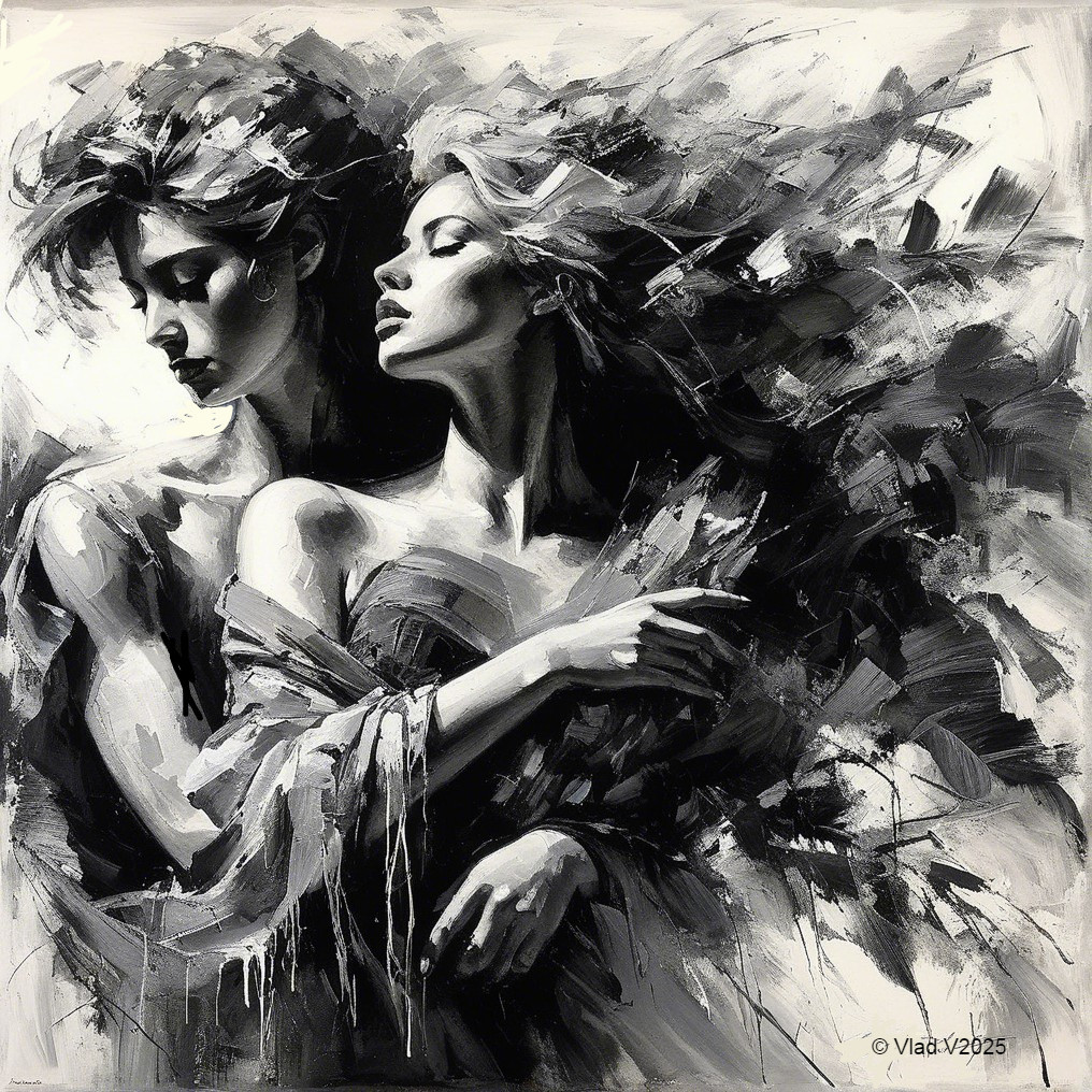 Intertwined Female Figures in Black and White Art