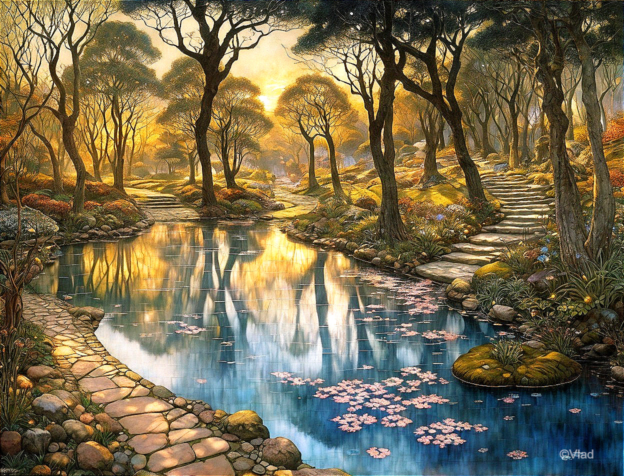 Tranquil sunrise forest scene with pond, water lilies, and lush trees