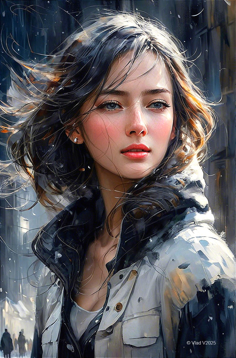 Young Woman in Rainy Urban Setting with Thoughtful Expression