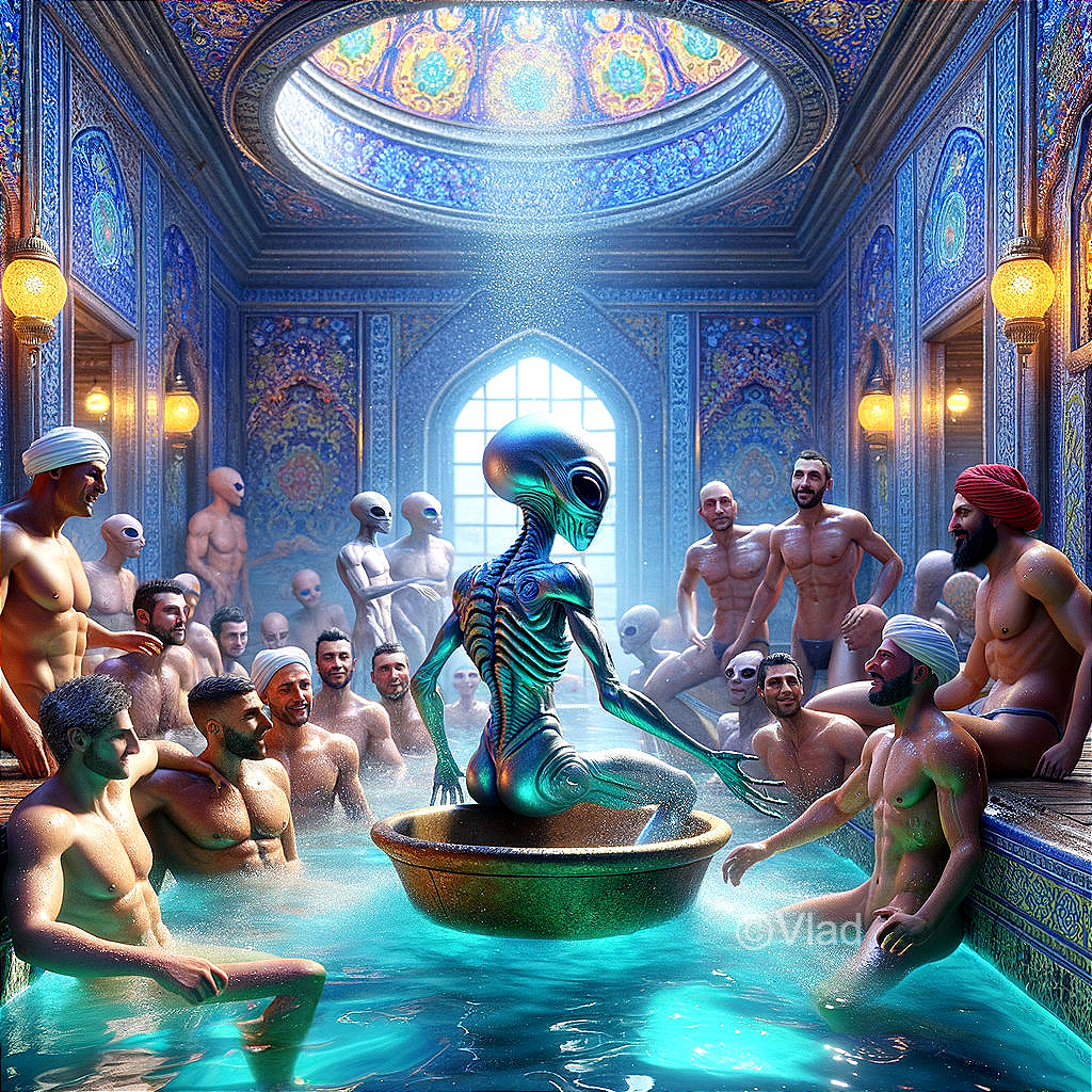 Fantastical Creature in Ornate Bathhouse Setting