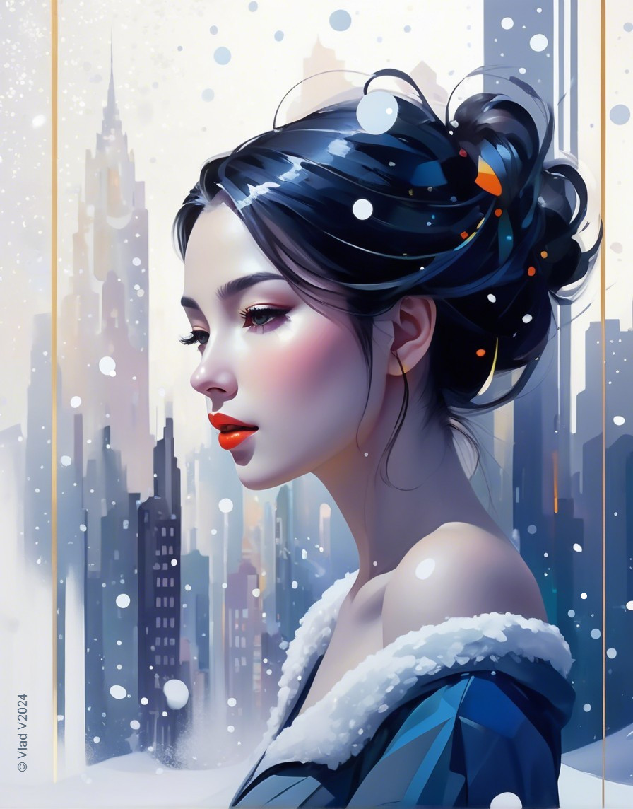 Portrait of a Young Woman in a Snowy Cityscape